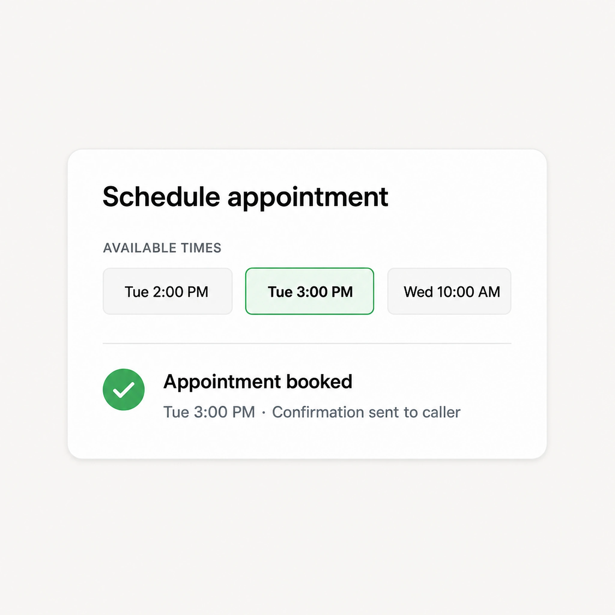 Apantio AI offering available appointment times and confirming a booking with caller confirmation